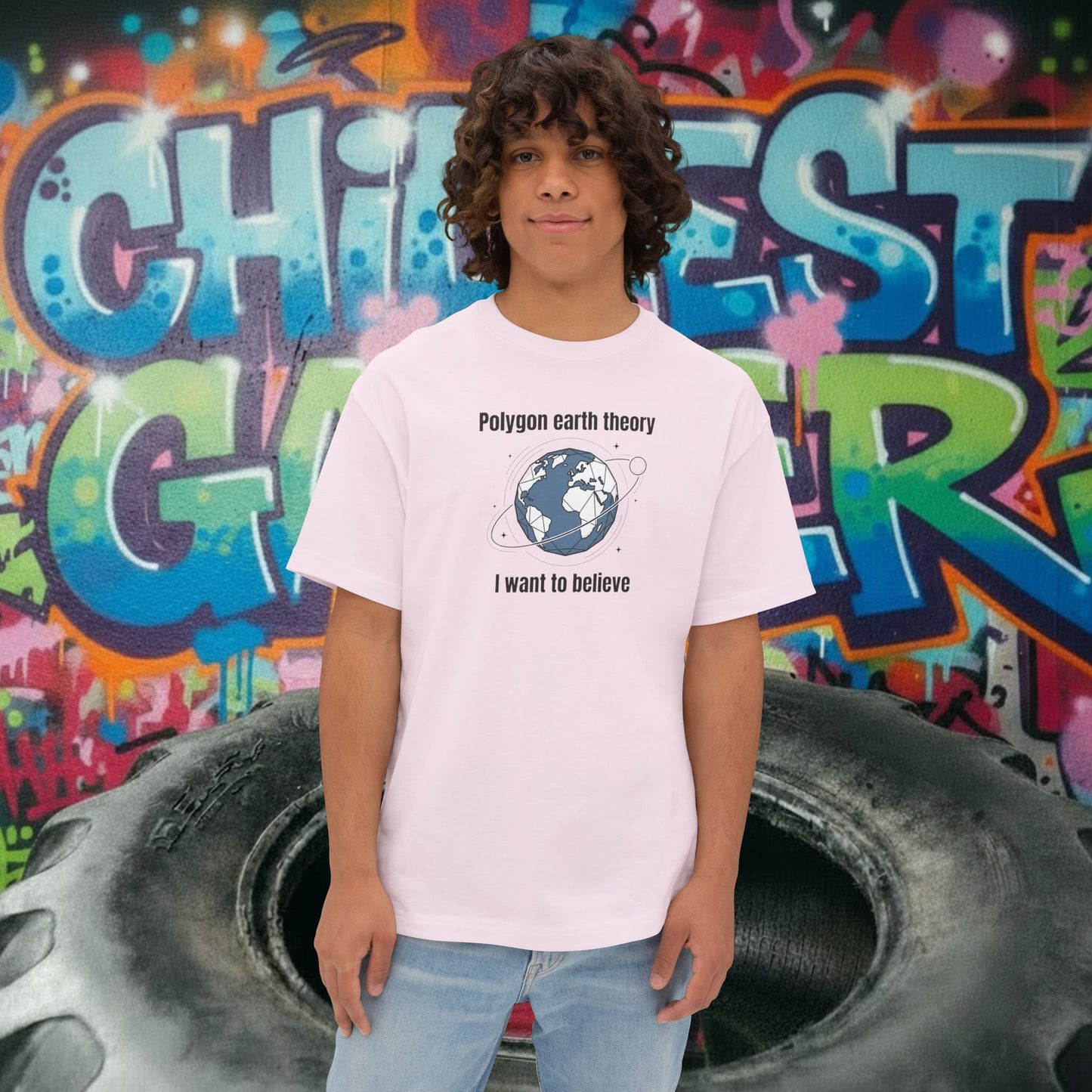 POLYGON EARTH THEORY, I WANT TO BELIEVE. Unisex Oversized Boxy Tee